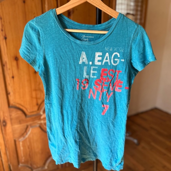 American Eagle Outfitters Teal Blue Graphic women’s Tee Y2K Med A7 - Picture 2 of 10